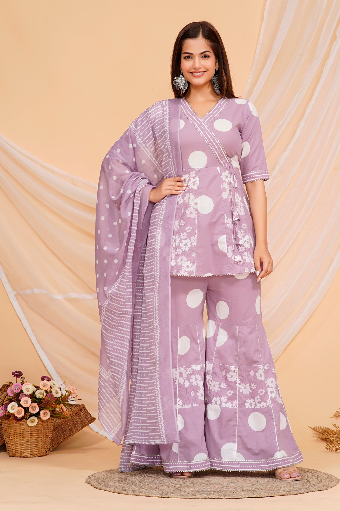 Elegant Purple Cotton Kurta Set with Playful Polka Dots