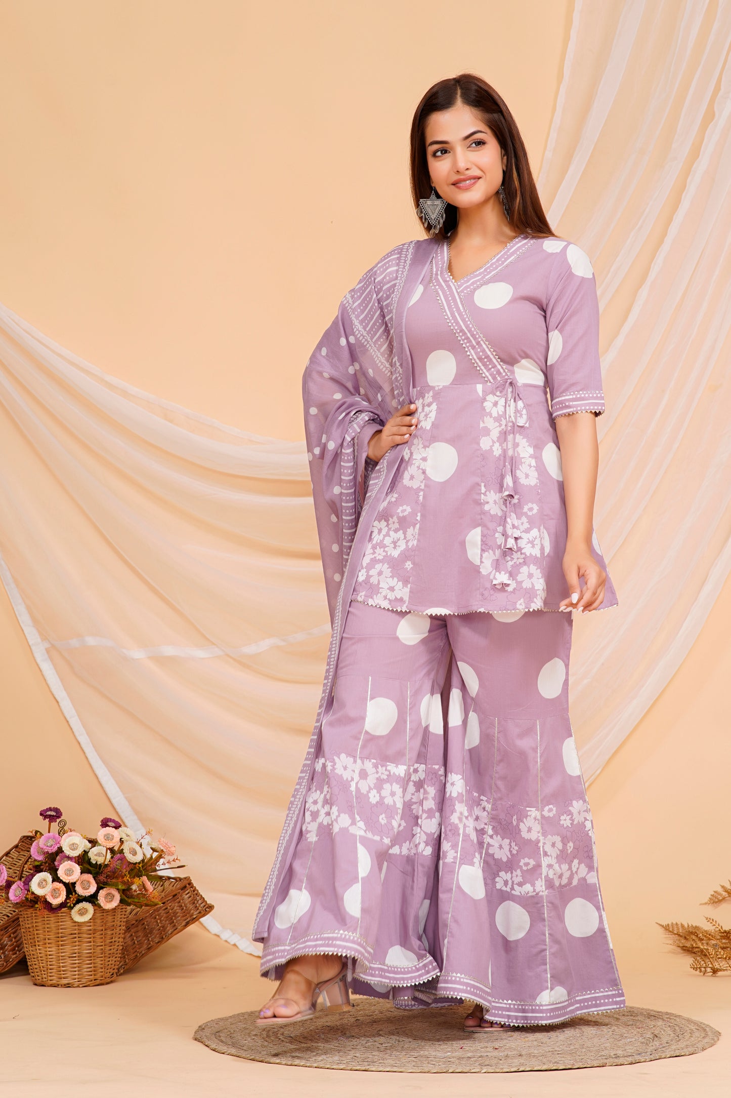 Elegant Purple Cotton Kurta Set with Playful Polka Dots