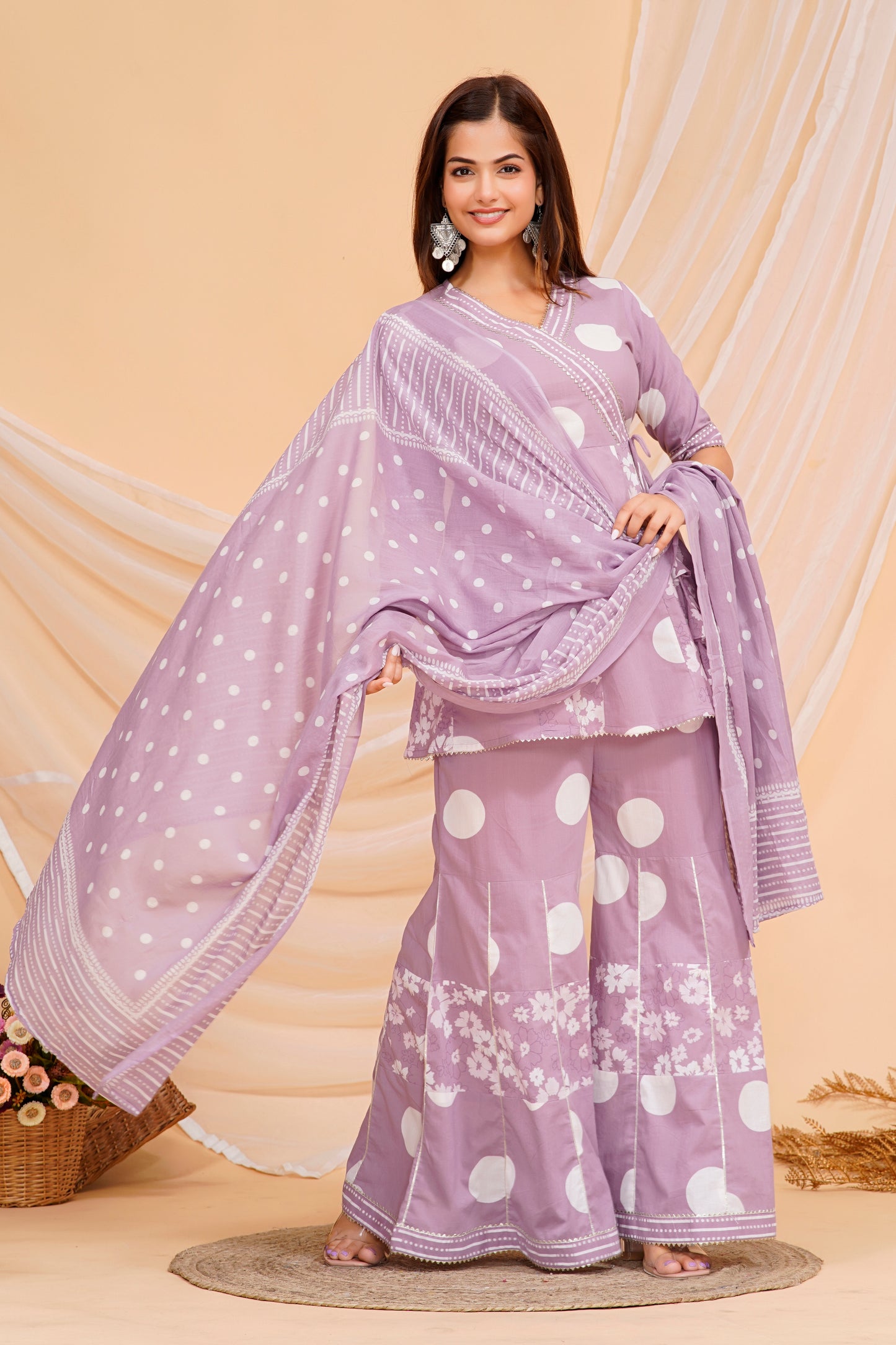 Elegant Purple Cotton Kurta Set with Playful Polka Dots
