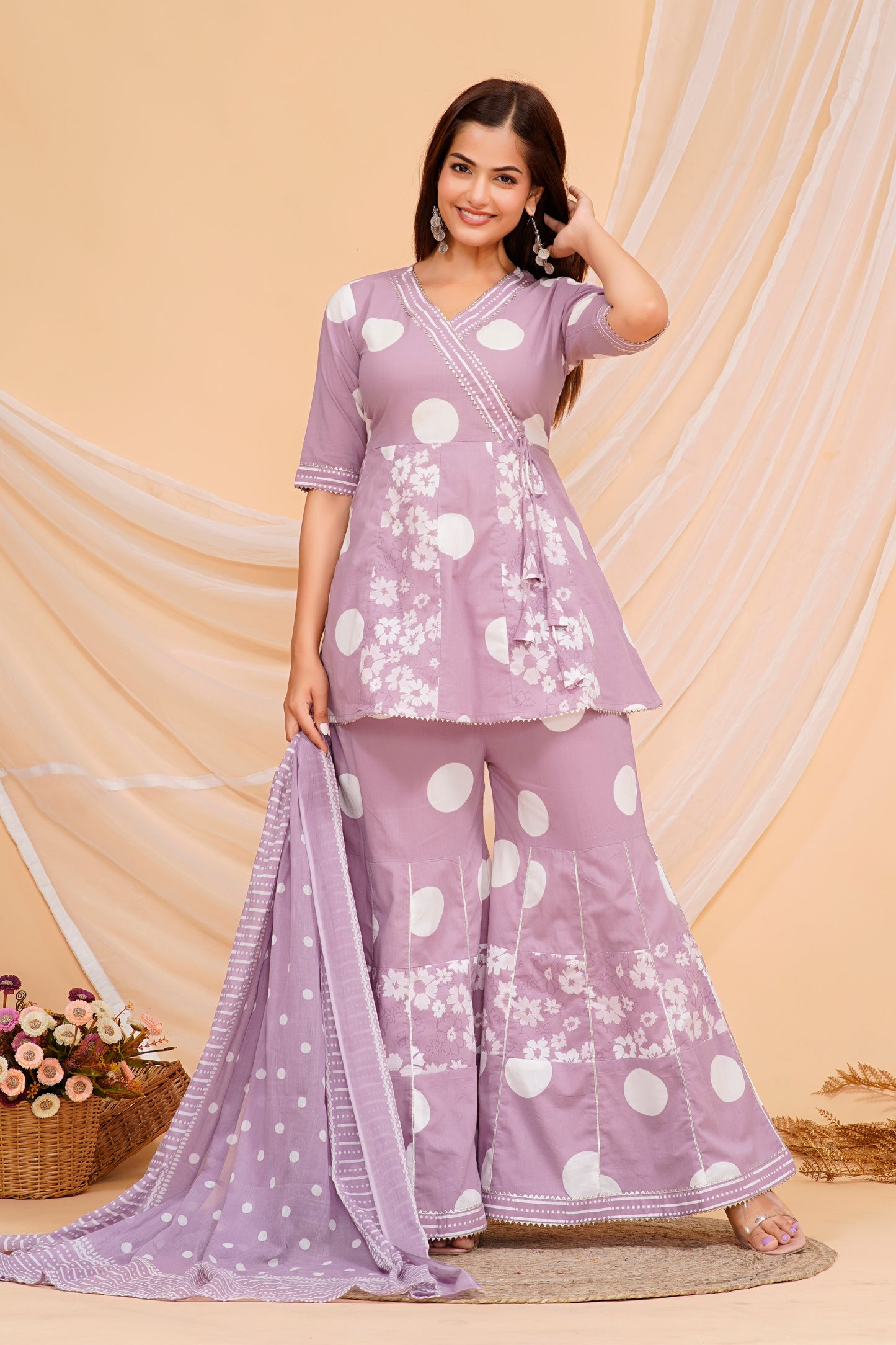 Elegant Purple Cotton Kurta Set with Playful Polka Dots
