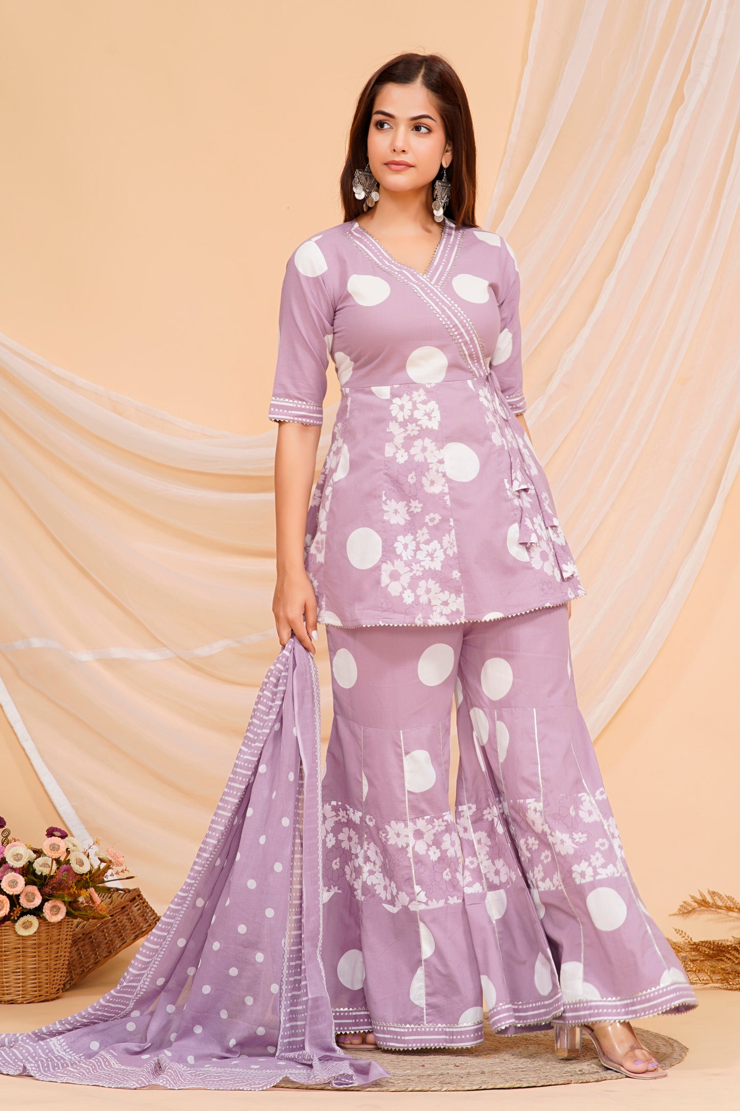 Elegant Purple Cotton Kurta Set with Playful Polka Dots
