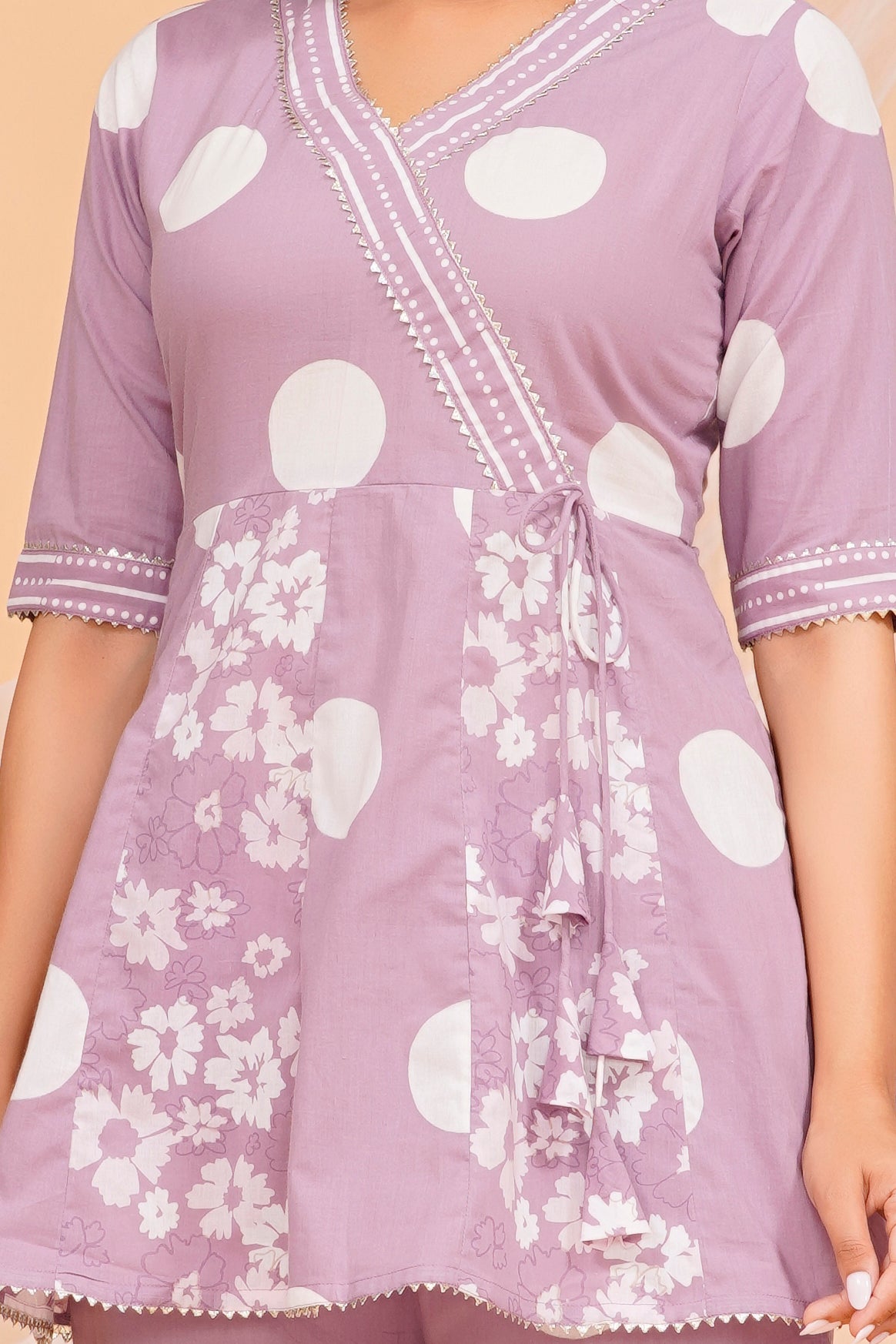 Elegant Purple Cotton Kurta Set with Playful Polka Dots