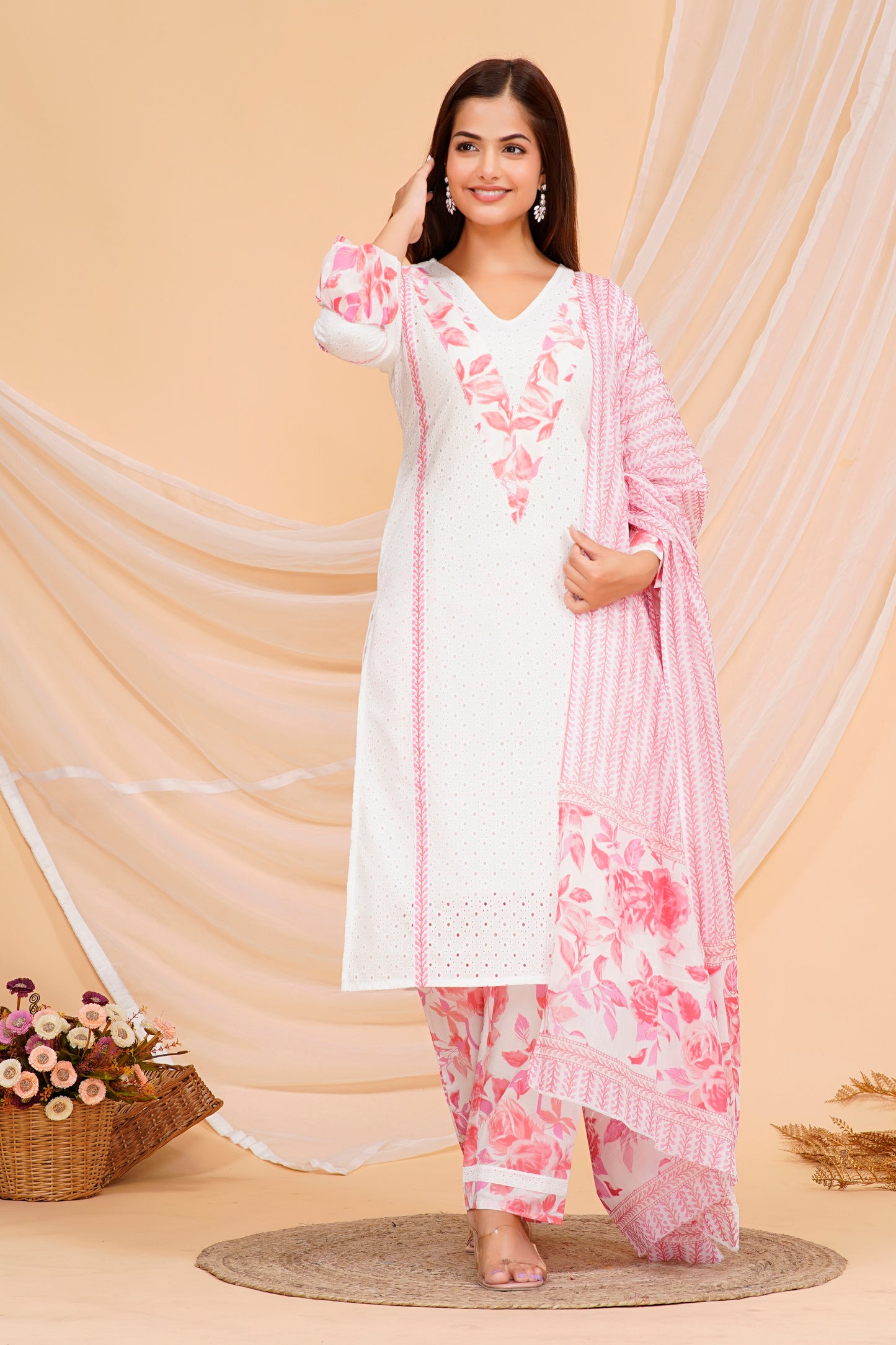 Cotton Ethnic Kurta Set – Elegant Floral Print in Soft White and Pink with Coordinated Pants & Dupatta | Sizes S to XXL
