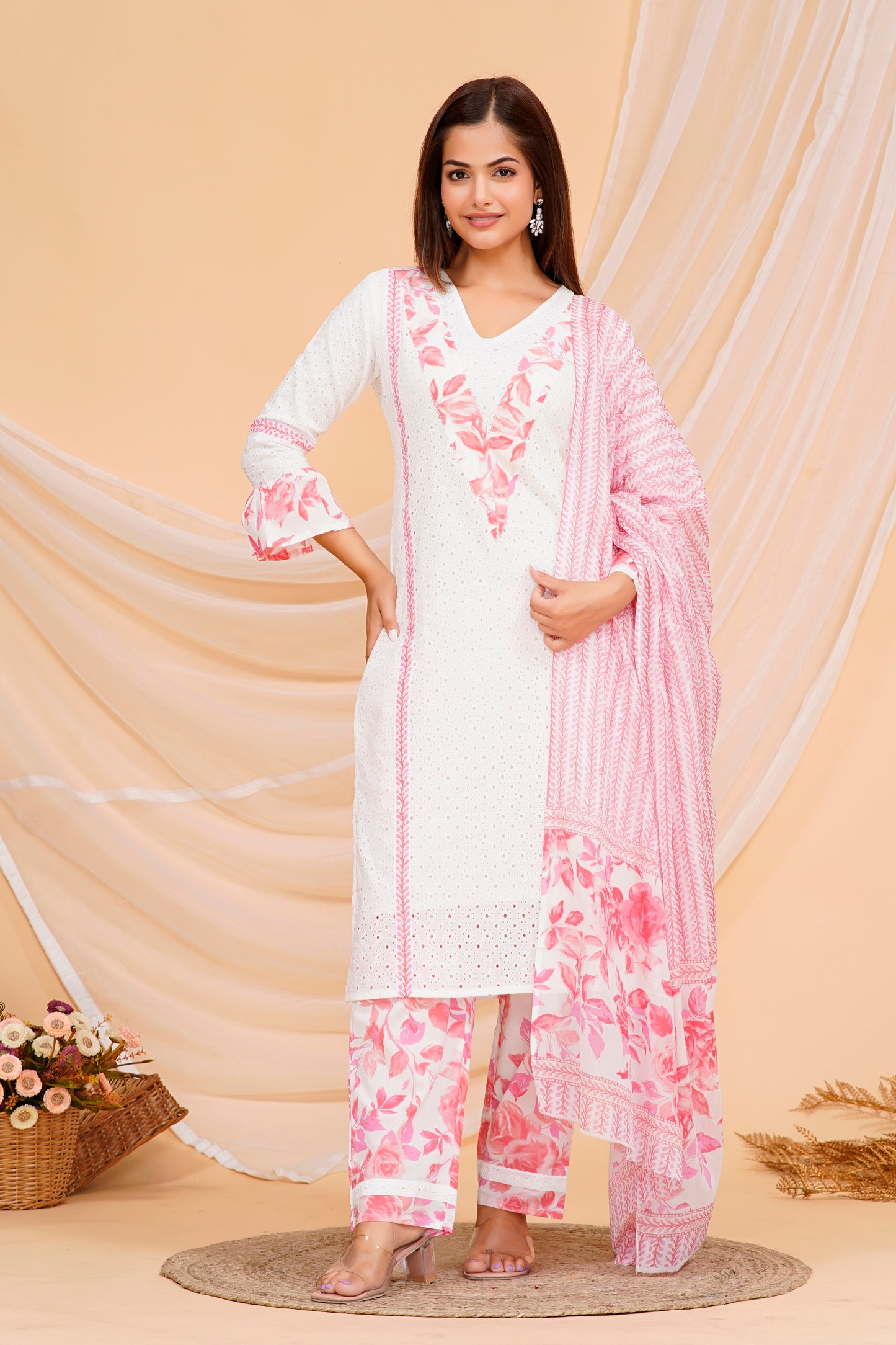 Cotton Ethnic Kurta Set – Elegant Floral Print in Soft White and Pink with Coordinated Pants & Dupatta | Sizes S to XXL