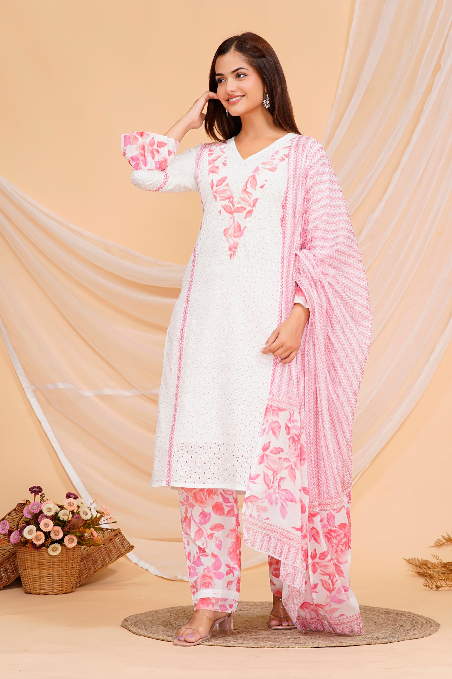 Cotton Ethnic Kurta Set – Elegant Floral Print in Soft White and Pink with Coordinated Pants & Dupatta | Sizes S to XXL