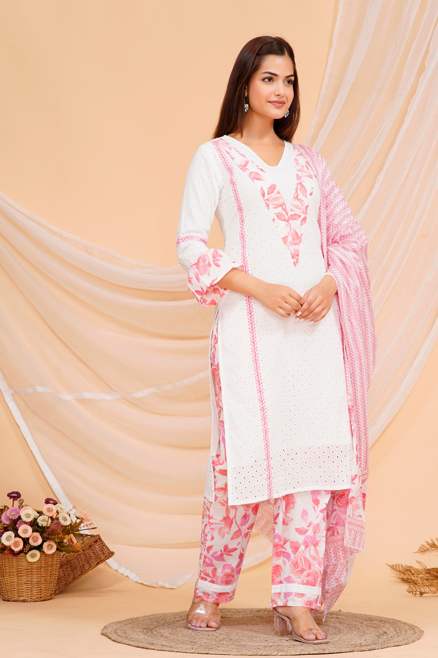 Cotton Ethnic Kurta Set – Elegant Floral Print in Soft White and Pink with Coordinated Pants & Dupatta | Sizes S to XXL