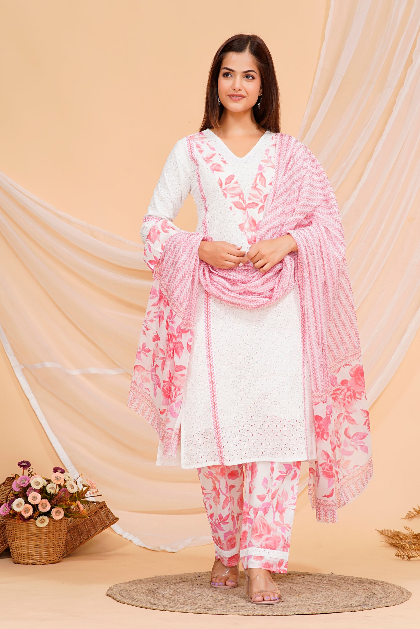 Cotton Ethnic Kurta Set – Elegant Floral Print in Soft White and Pink with Coordinated Pants & Dupatta | Sizes S to XXL