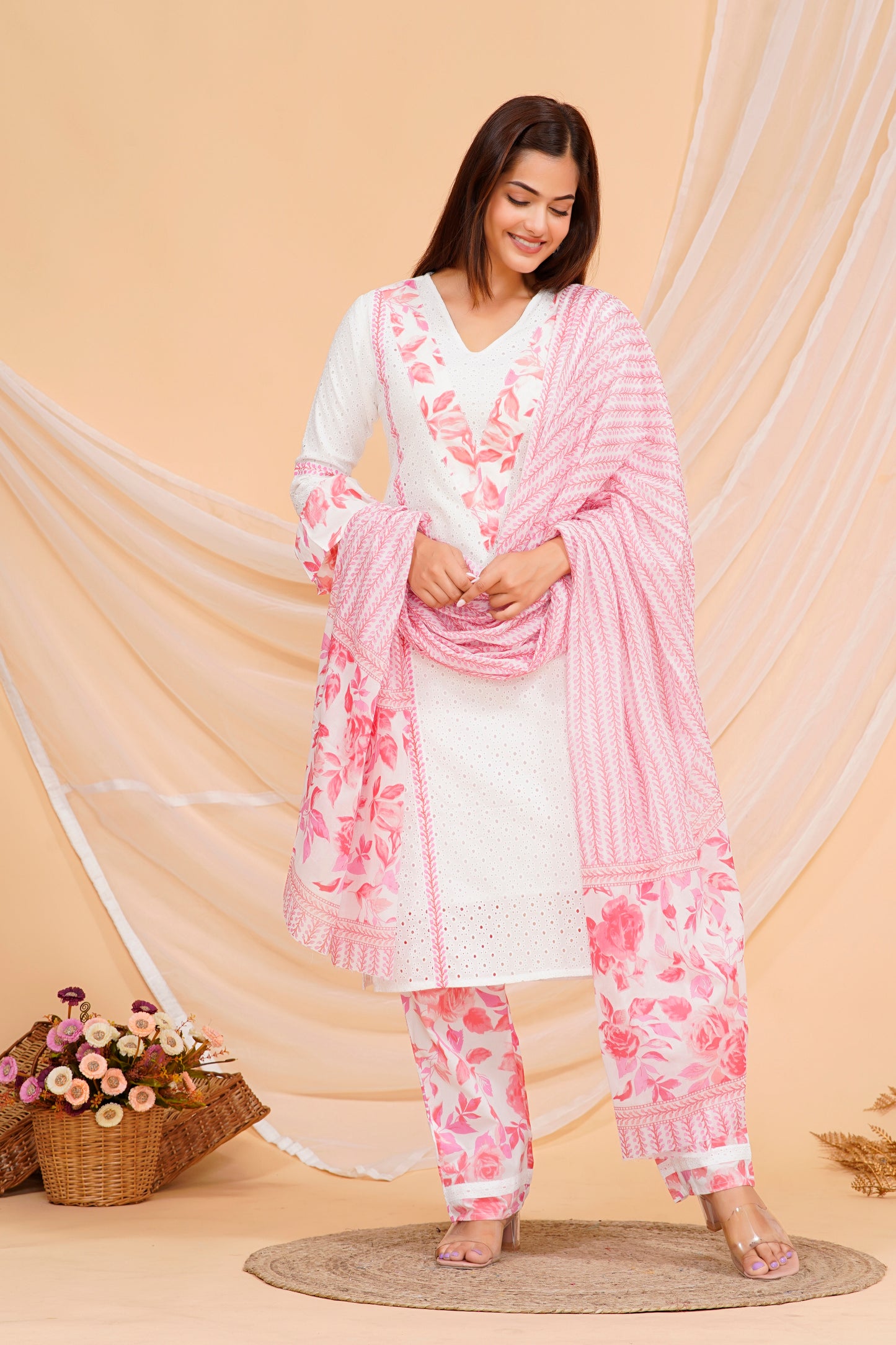 Cotton Ethnic Kurta Set – Elegant Floral Print in Soft White and Pink with Coordinated Pants & Dupatta | Sizes S to XXL