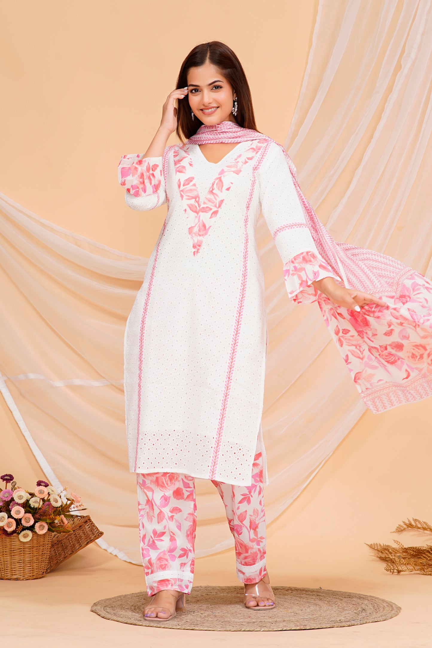 Cotton Ethnic Kurta Set – Elegant Floral Print in Soft White and Pink with Coordinated Pants & Dupatta | Sizes S to XXL