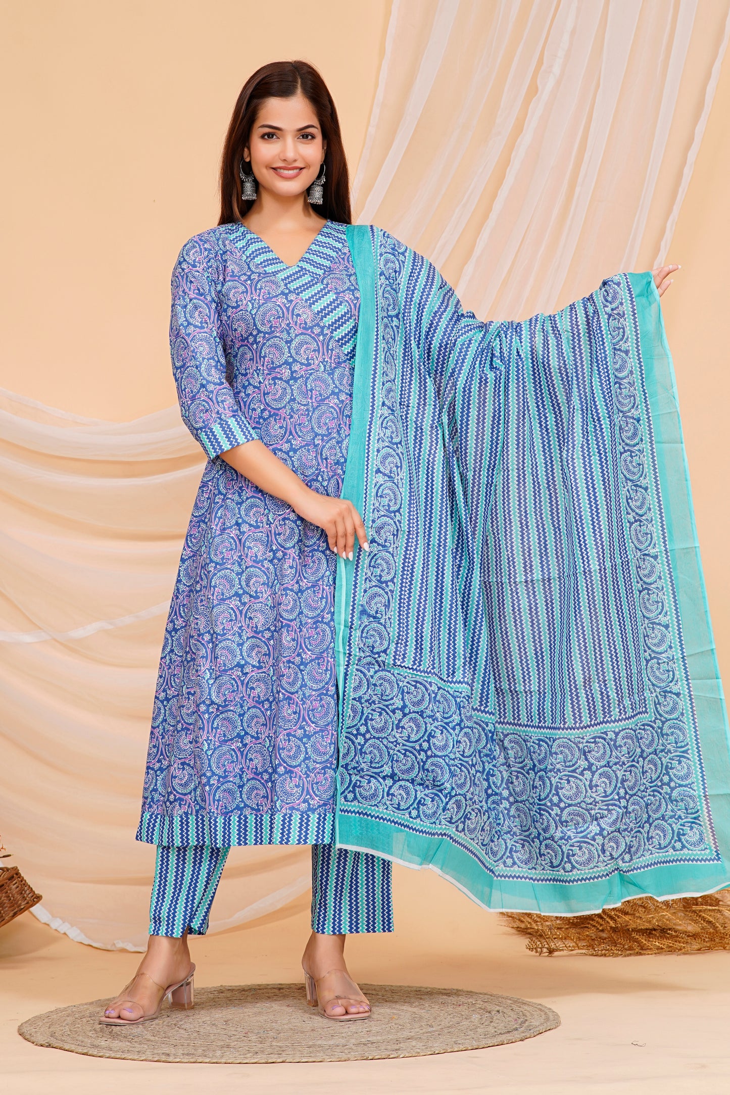 Stylish Blue Printed Cotton Kurta Set - Effortless Elegance