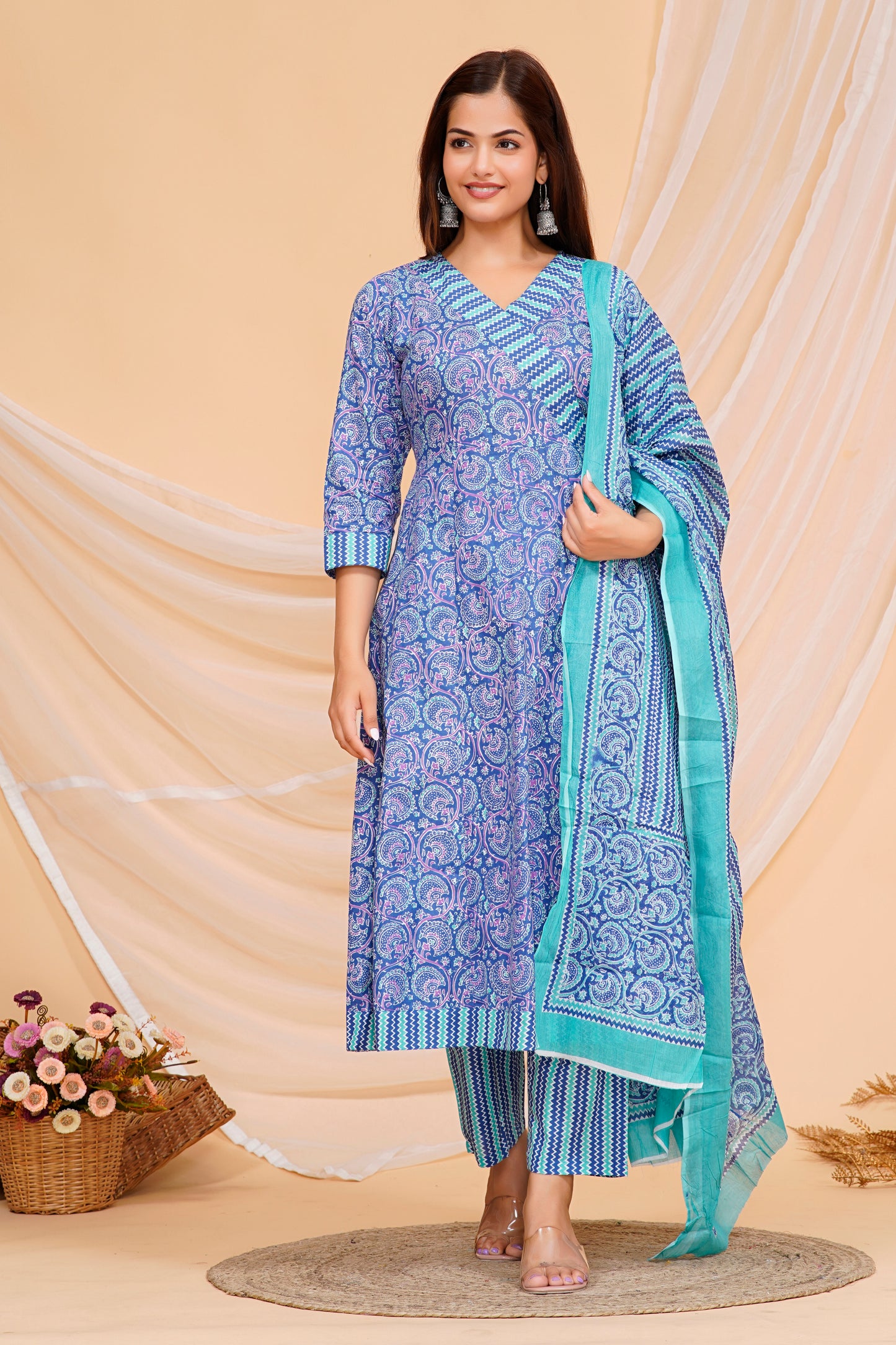 Stylish Blue Printed Cotton Kurta Set - Effortless Elegance