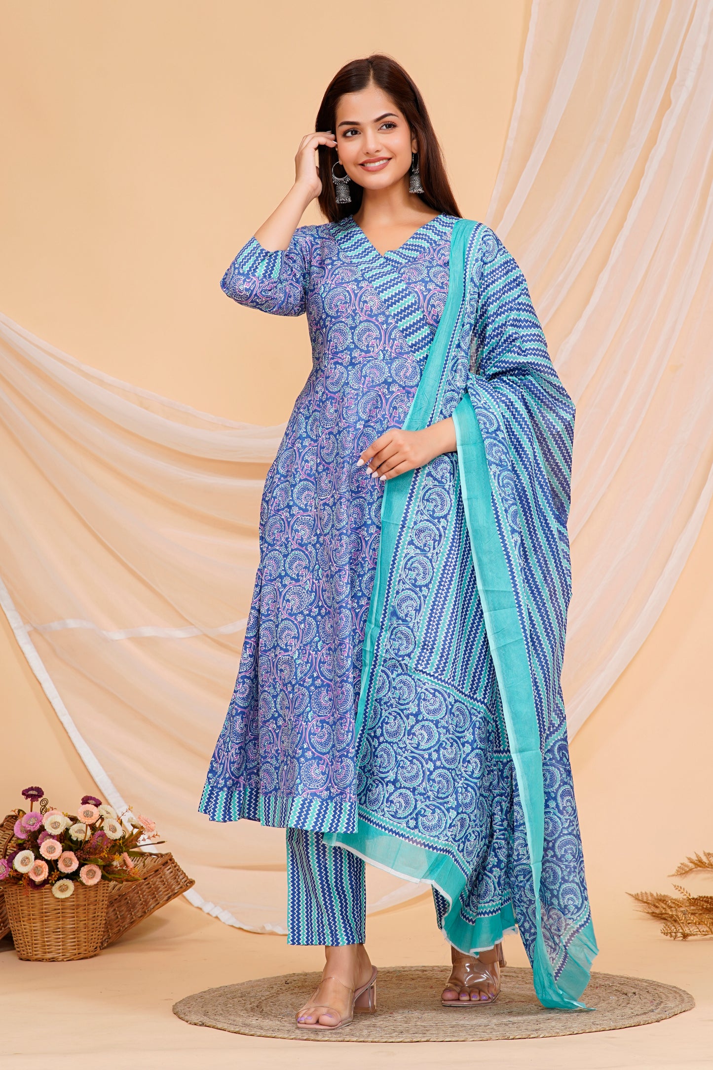 Stylish Blue Printed Cotton Kurta Set - Effortless Elegance
