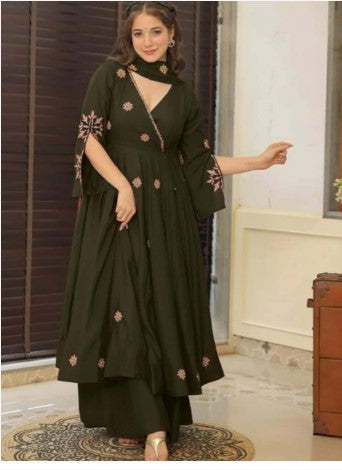 Women Ethnic Motifs Embroidered Angrakha Thread Work Kurta with Palazzos & Dupatta