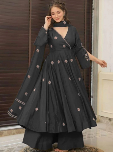 Women Ethnic Motifs Embroidered Angrakha Thread Work Kurta with Palazzos & Dupatta