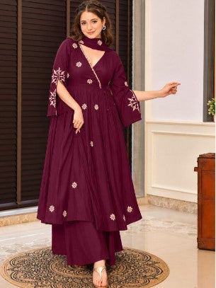 Women Ethnic Motifs Embroidered Angrakha Thread Work Kurta with Palazzos & With Dupatta