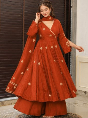 Women Ethnic Motifs Embroidered Angrakha Thread Work Kurta with Palazzos & Dupatta