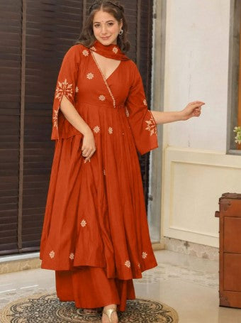 Women Ethnic Motifs Embroidered Angrakha Thread Work Kurta with Palazzos & Dupatta