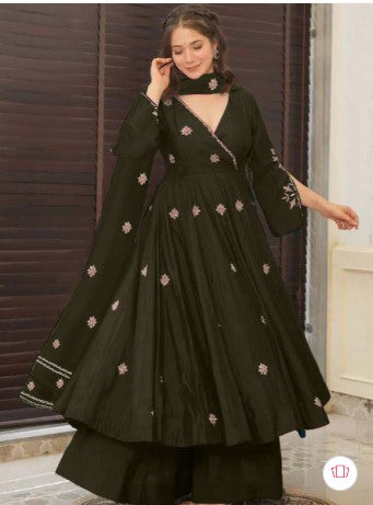 Women Ethnic Motifs Embroidered Angrakha Thread Work Kurta with Palazzos & Dupatta