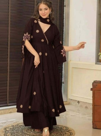 Women Ethnic Motifs Embroidered Angrakha Thread Work Kurta with Palazzos & Dupatta