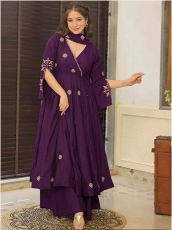 Women Ethnic Motifs Embroidered Angrakha Thread Work Kurta with Palazzos & Dupatta