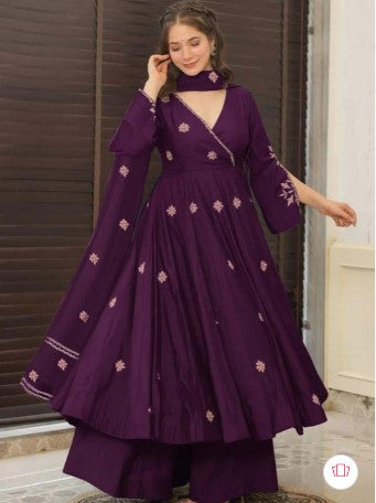 Women Ethnic Motifs Embroidered Angrakha Thread Work Kurta with Palazzos & Dupatta