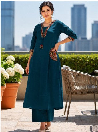 Elegant Teal Blue Embroidered Kurta Set
