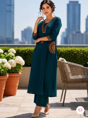 Elegant Teal Blue Embroidered Kurta Set