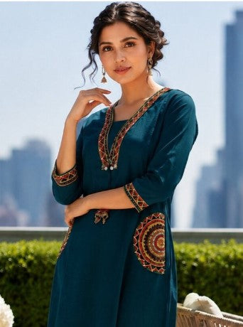 Elegant Teal Blue Embroidered Kurta Set
