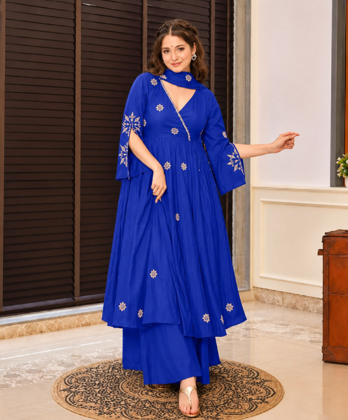 Women Ethnic Motifs Embroidered Angrakha Thread Work Kurta with Palazzos With Dupatta